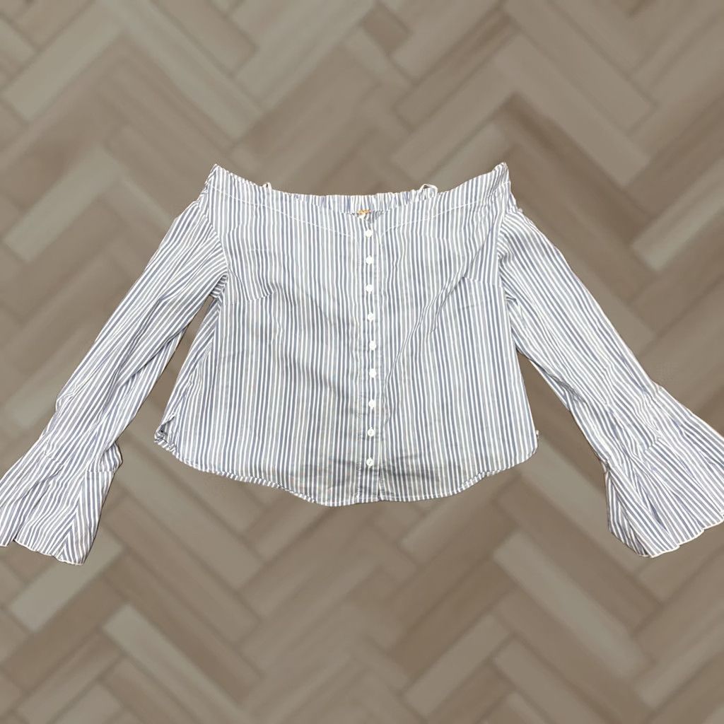 Free People Free People Shirt Womens S Blouse Bell Sleeve Blue White Stripe Cotton Blend Off the Shoulder Long Sleeve Size S / US 4 / IT 40 - 1 Thumbnail