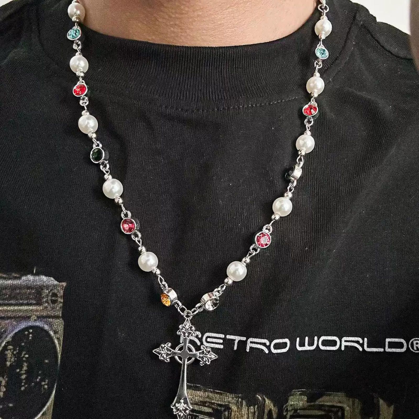 Jewelry Silver Cross Pendant Necklace with Colorful Beads Size ONE SIZE - 2 Thumbnail