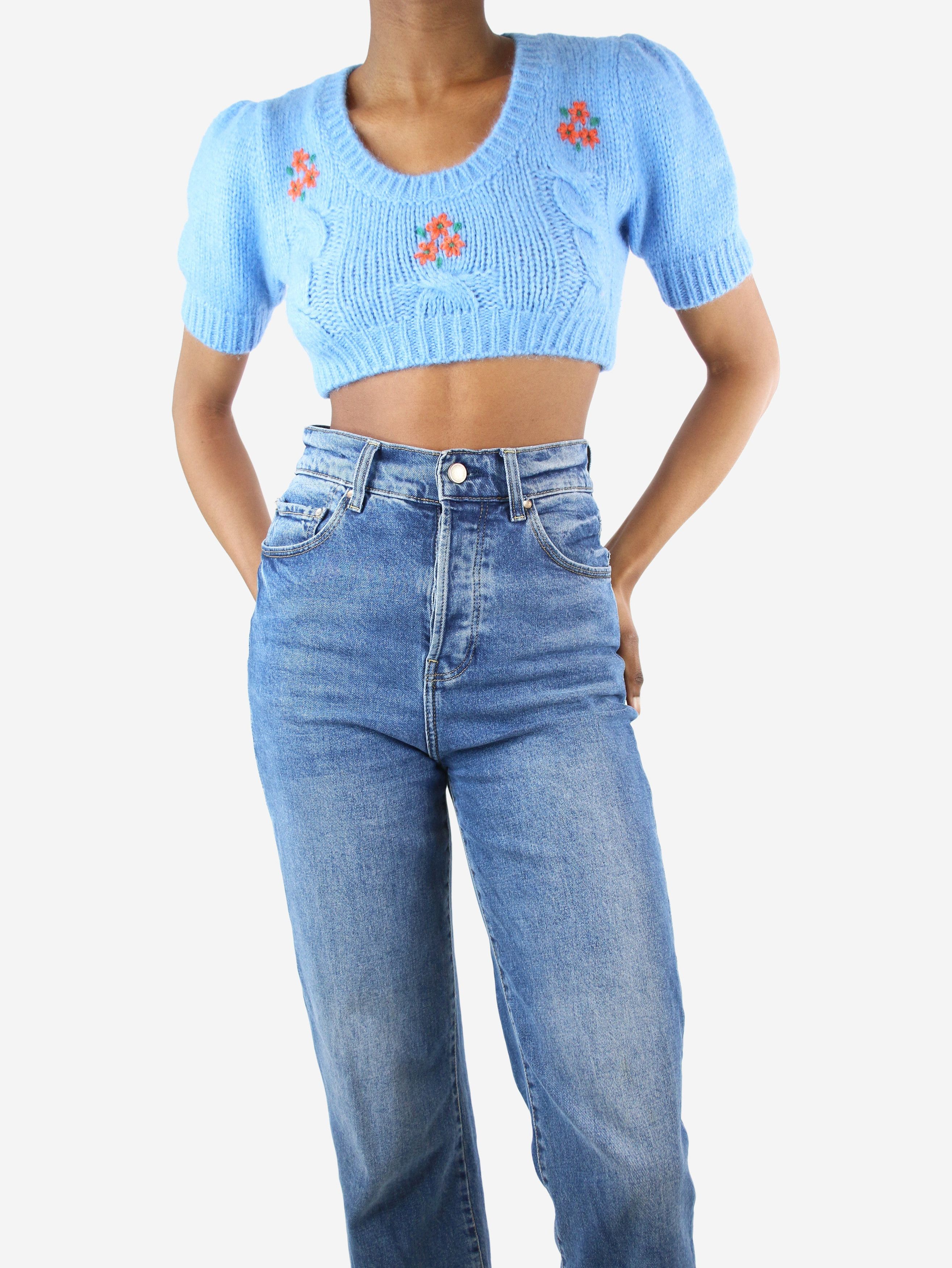 image of Alessandra Rich Blue Cropped Floral Cable-Knit Jumper - Size Uk 6, Women's