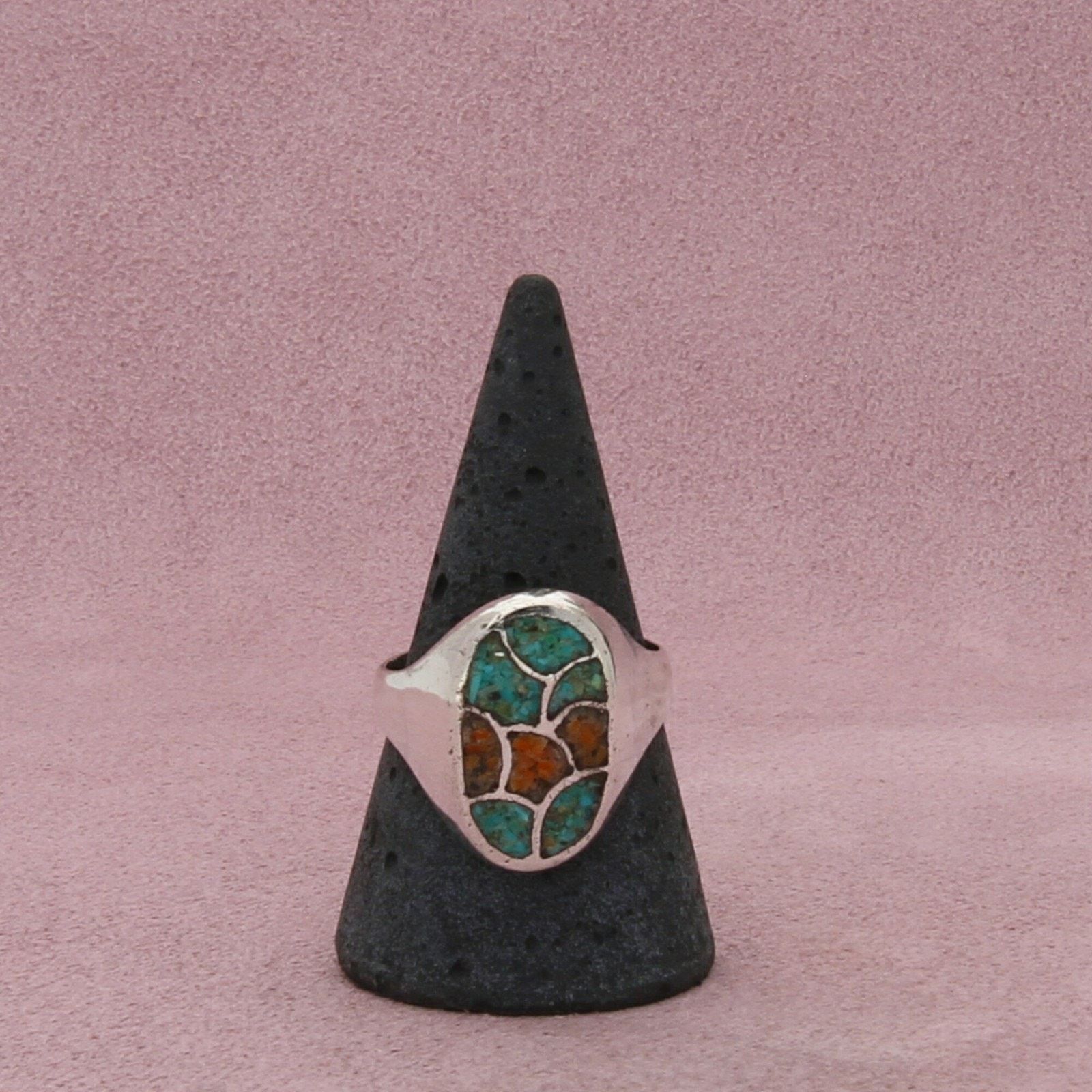 Native navajo sterling silver turquoise & coral signet ring size 9 Size ONE SIZE - 3 Thumbnail