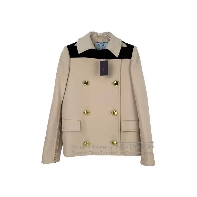 Prada Prada Beige big gold buckle sheep wool tweed coat Size S / US 4 / IT 40 - 1 Thumbnail