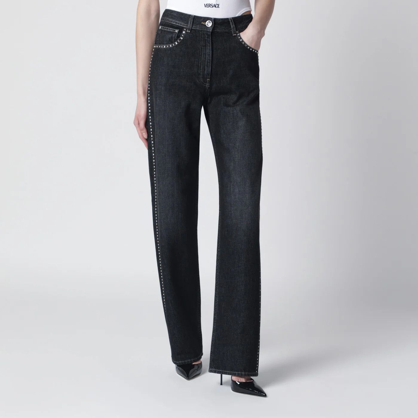 Versace o1d2blof0426 Denim Jeans With Studs in Black Size 26" / US 2 / IT 38 - 1 Thumbnail