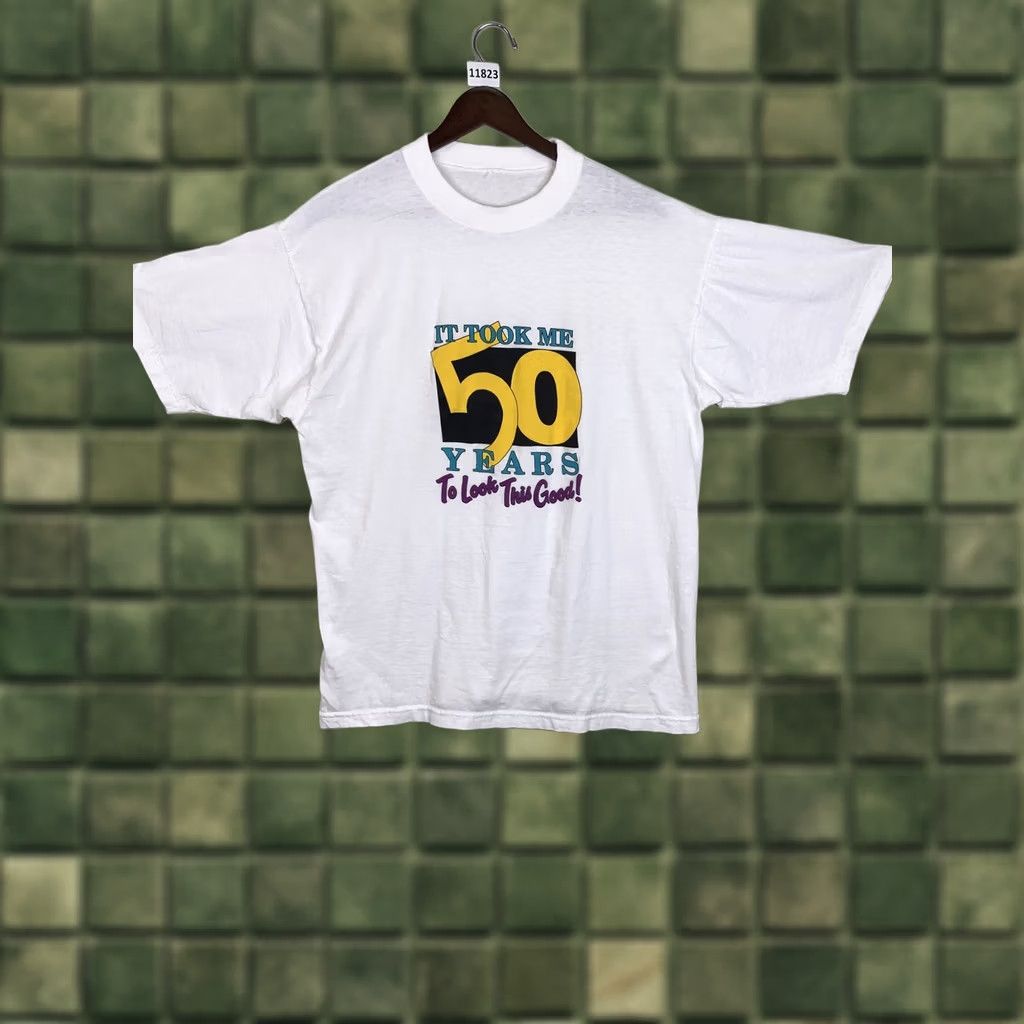 Vintage Vintage White Graphic T Shirt It Took Me 50 Years To Look This Good 90s Funny Unisex Adults L Short Sleeve Crew Neck Mens Womens Size US L / EU 52-54 / 3 - 1 Thumbnail