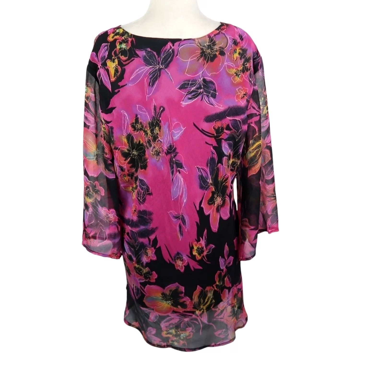 Vintage 90s Vintage JMD Signature Black and Pink Floral Silk Beaded Tunic Top Size L / US 10 / IT 46 - 4 Thumbnail
