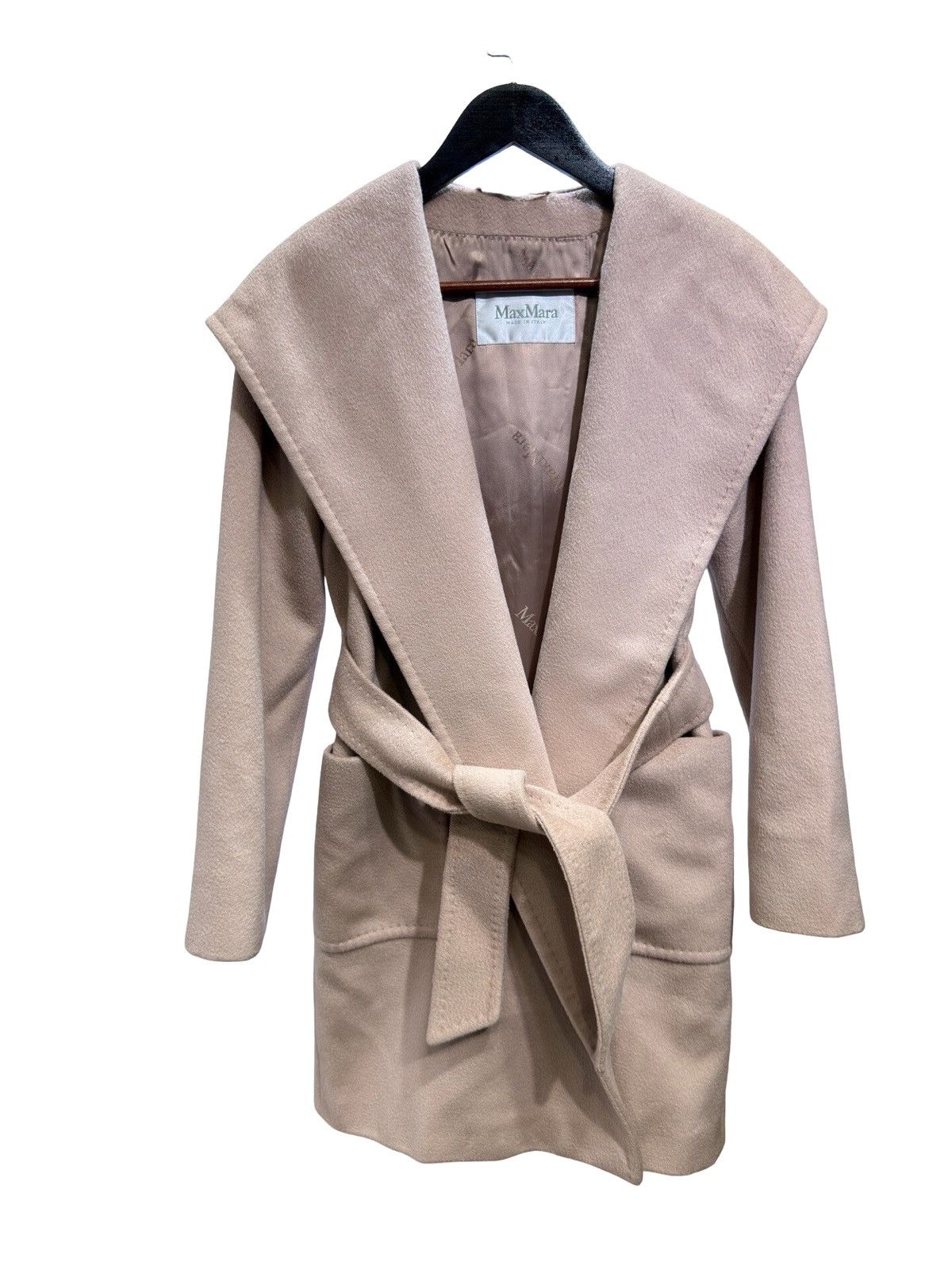 Max Mara Rialto hooded wrap-over coat made from camel hair