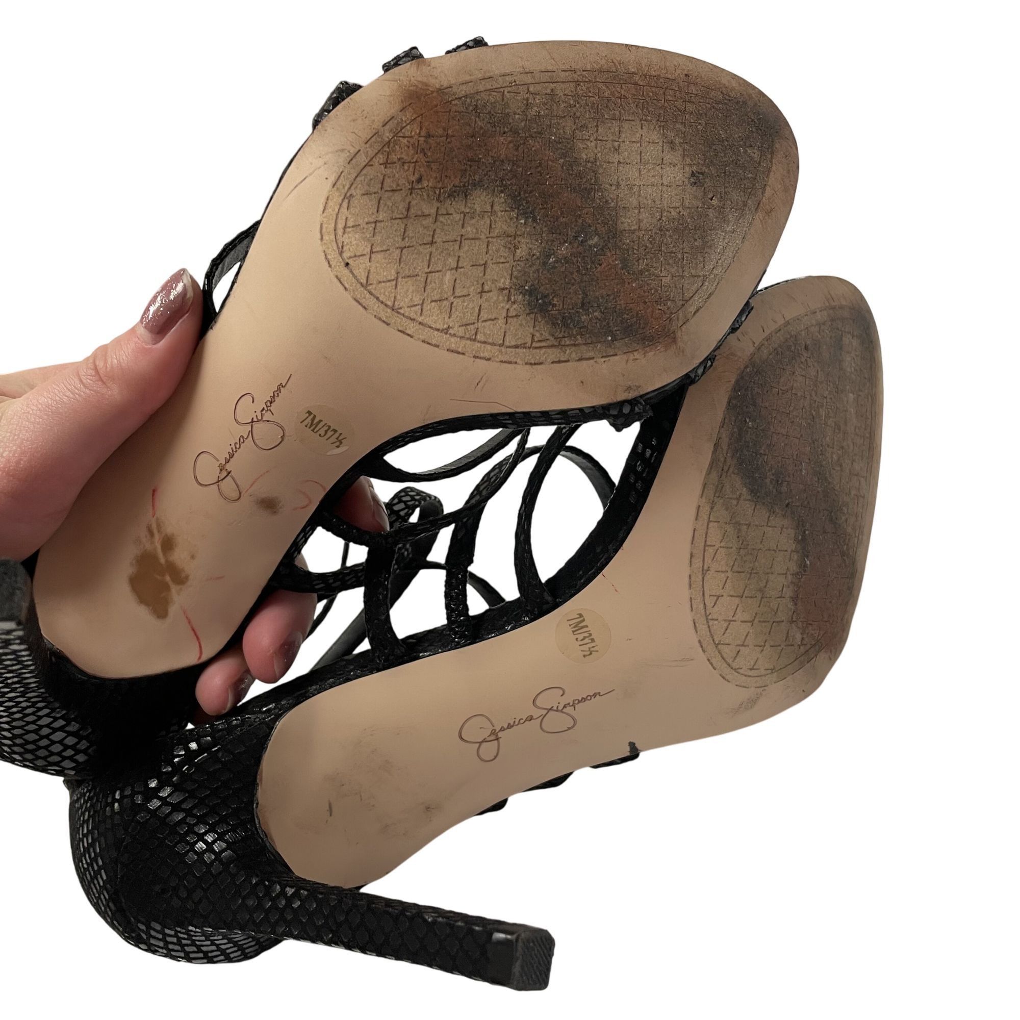 Jessica Simpson Jessica Simpson Zelta Snakeskin Print STRAPPY Open Toe Heels Size US 7 / IT 37 - 8 Thumbnail