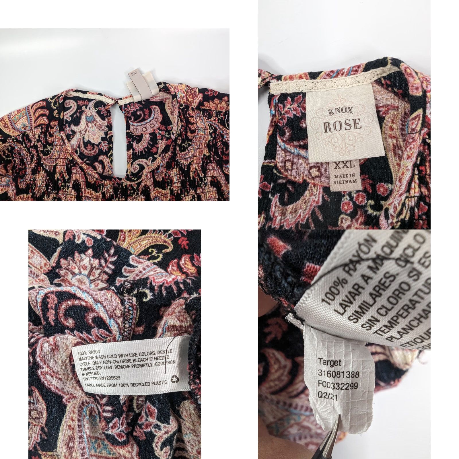Vintage Knox Rose Blouse 2XL Black Pink Paisley Floral Smocked Ruffle Boho Women's Shirt Size XXL / US 16-18 / IT 52-54 - 8 Thumbnail