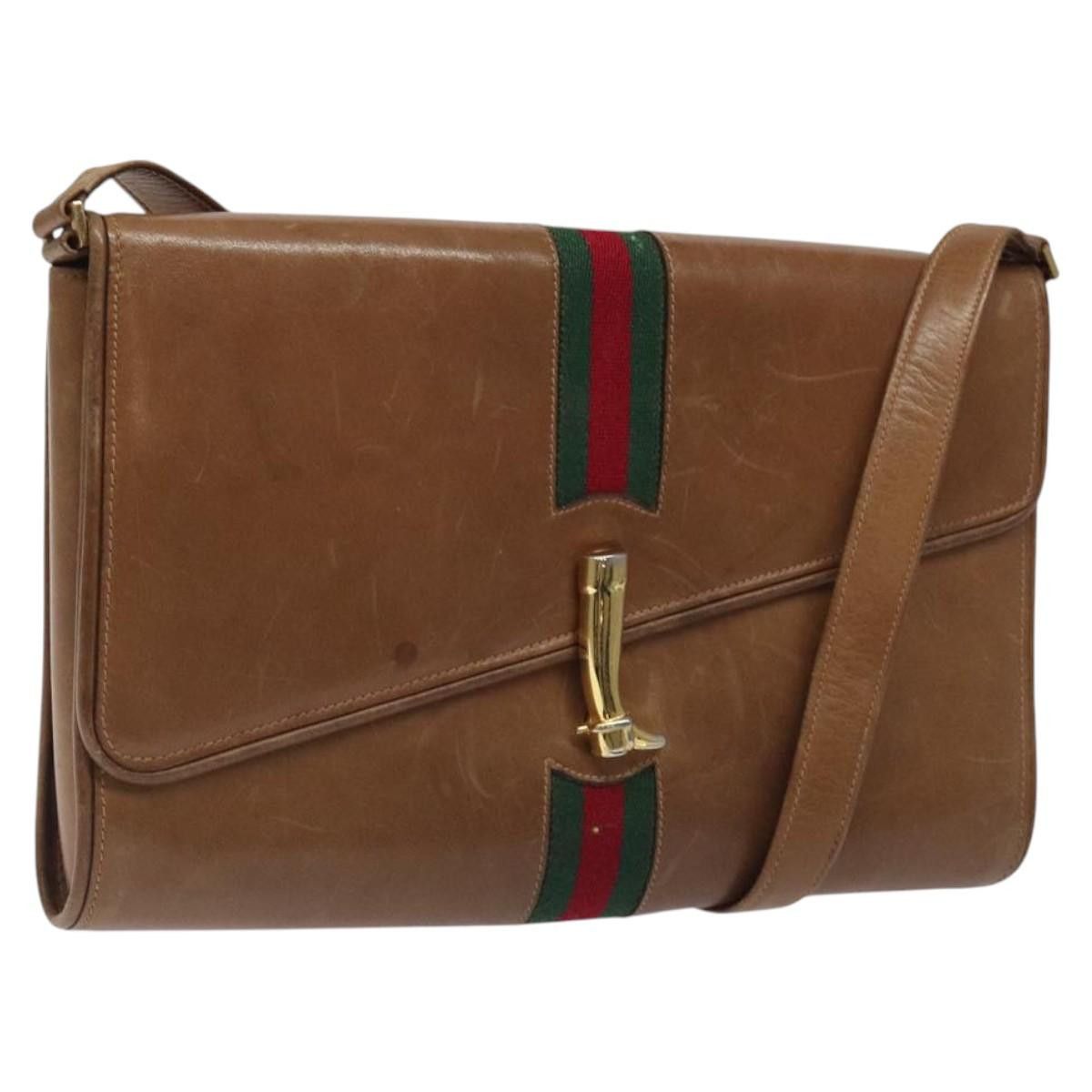 Gucci Web Sherry Line Shoulder Bag Leather Brown Gold, Women's