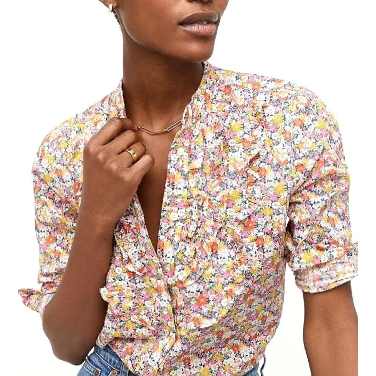 J.Crew J.CREW Liberty Band-Collar Ruffle-Front Shirt Libby Floral AU236 Women's S Multicolor Florals Shirt Womens S Size S / US 4 / IT 40 - 2 Thumbnail