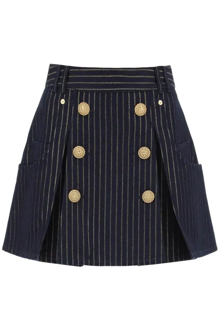 image of Balmain O1S22I1N0424 Denim Mini Skirt In Blue/gold, Women's (Size 26)