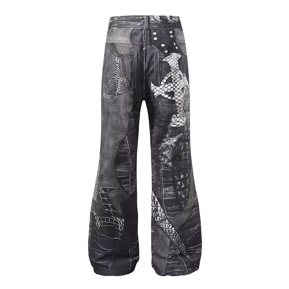 Jean Design Patchwork Printed Gothic Punk Loose Jeans Size US 35 - 2 Thumbnail