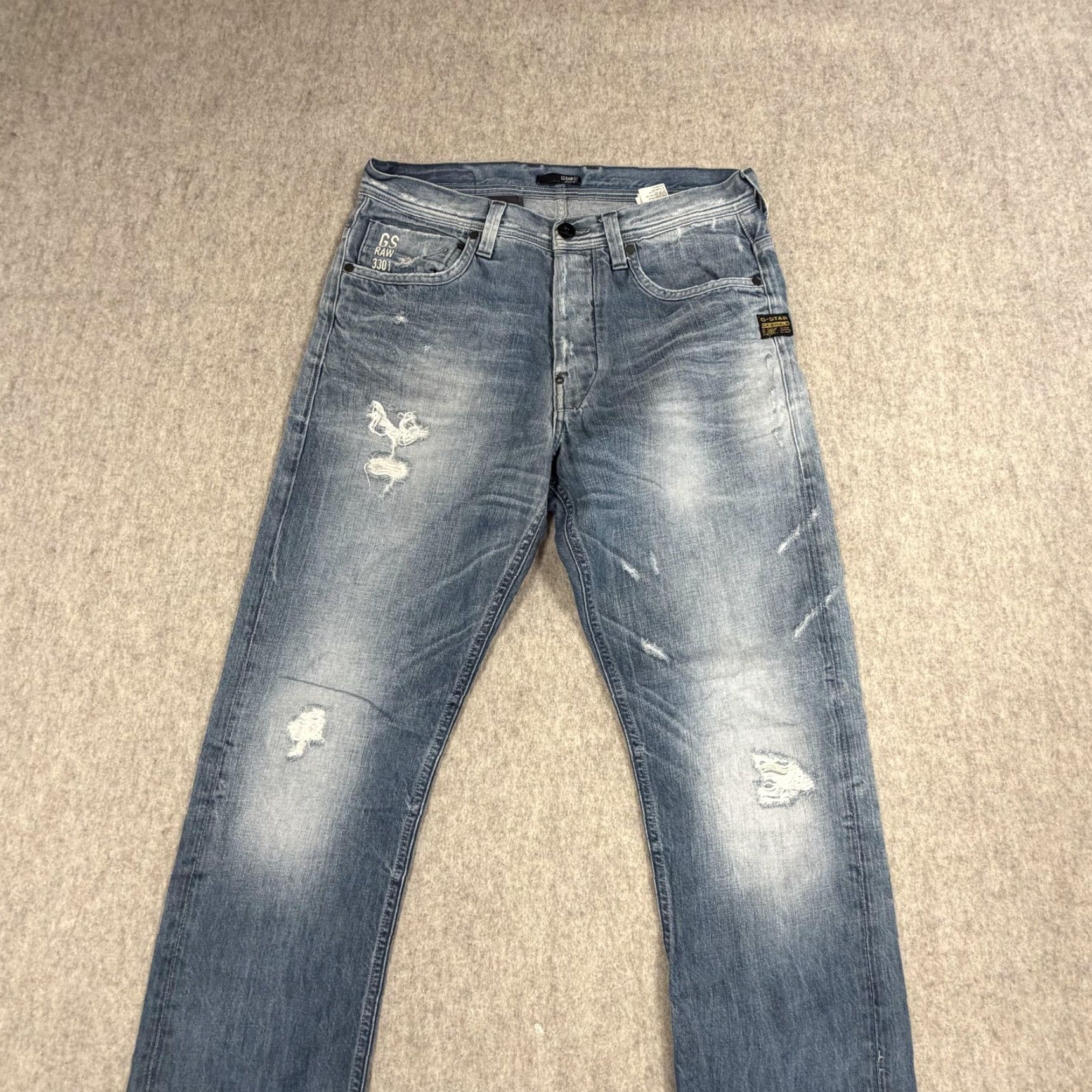 Vintage G-Star RAW Jeans Mens 33x34 Light Wash 3301 Distressed Straight Button Fly Size US 33 - 3 Thumbnail