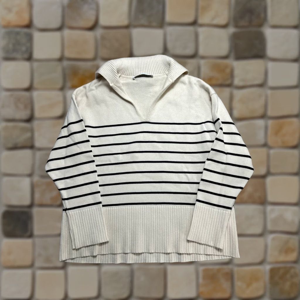 Zara Zara Polo Sweater Womens Small Beige Oversized Striped Knit Warm Cozy Pullover Shirt Knit Casual Women's Fashion, City, Preppy, Modern Size S / US 4 / IT 40 - 1 Thumbnail