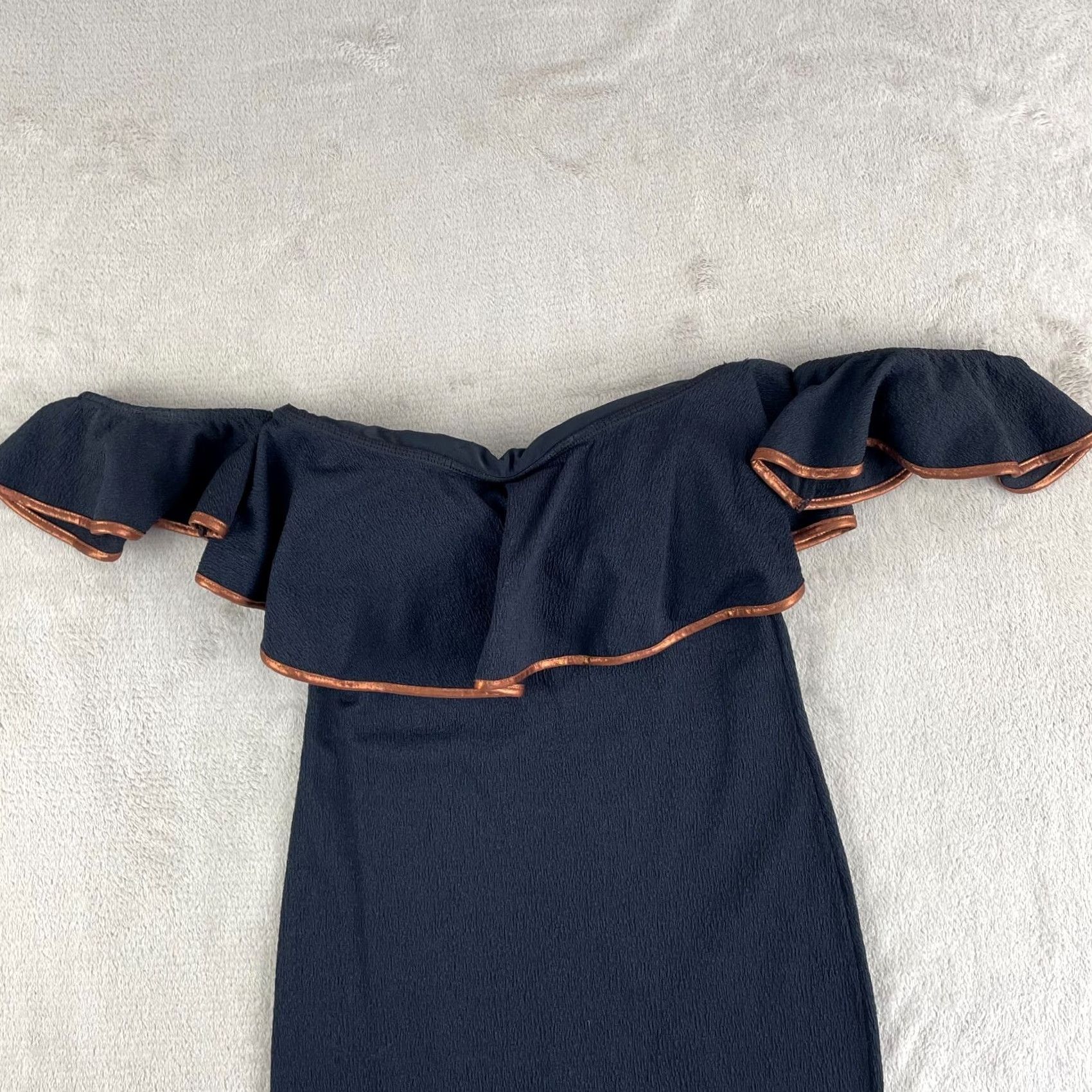 Vintage VIX Paula Hermanny Mini Dress XS Black Copper Trim Off Shoulder Ruffle Top Vest? Size XS / US 0-2 / IT 36-38 - 4 Thumbnail