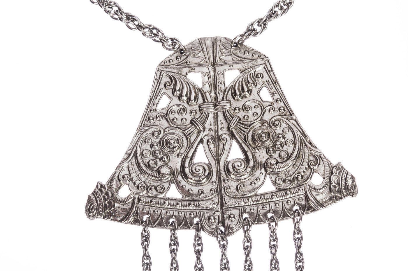 Designer Vintage Silver Tone Etruscan Inspired Bell Tassel Necklace Size ONE SIZE - 2 Thumbnail