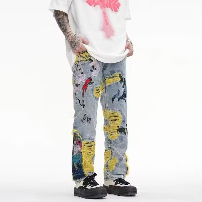 image of Distressed Denim Embroidered Patch Denim Ripped Jeans in Blue, Men's (Size 32)