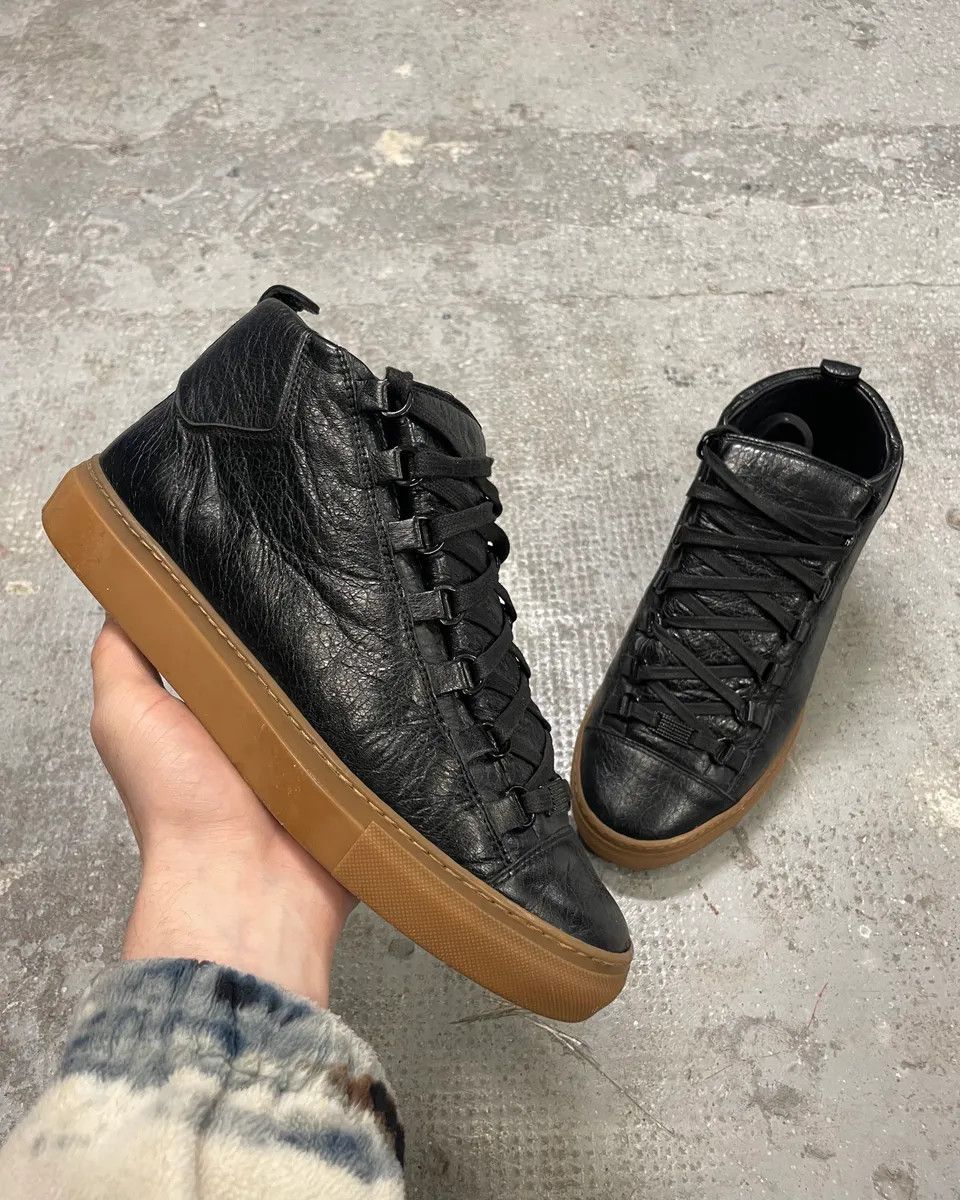 Balenciaga Arena Satin Cracked Leather High Sneakers