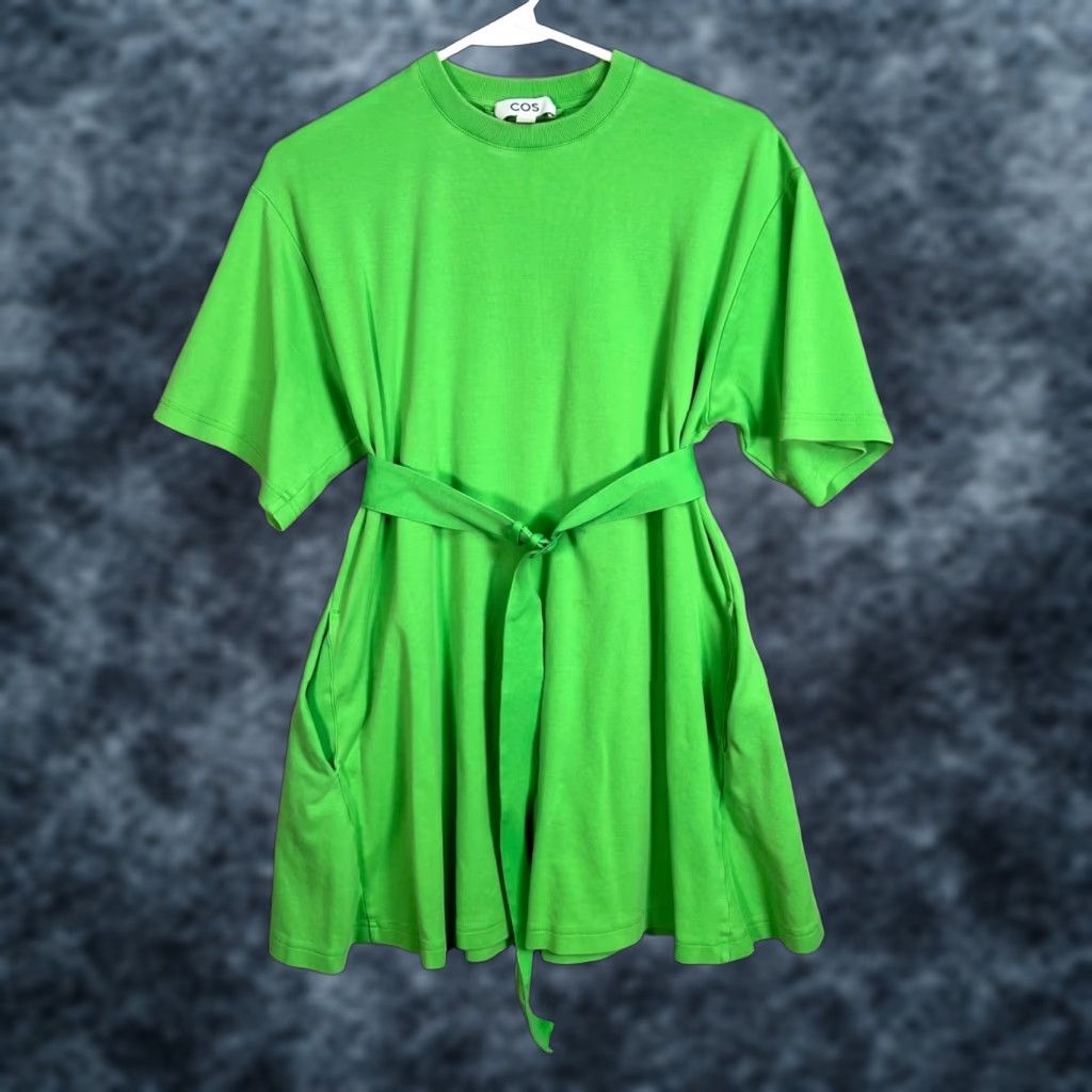 COS Womens XS Bright Green Cotton Dress With Waist Tie & Pockets Dress