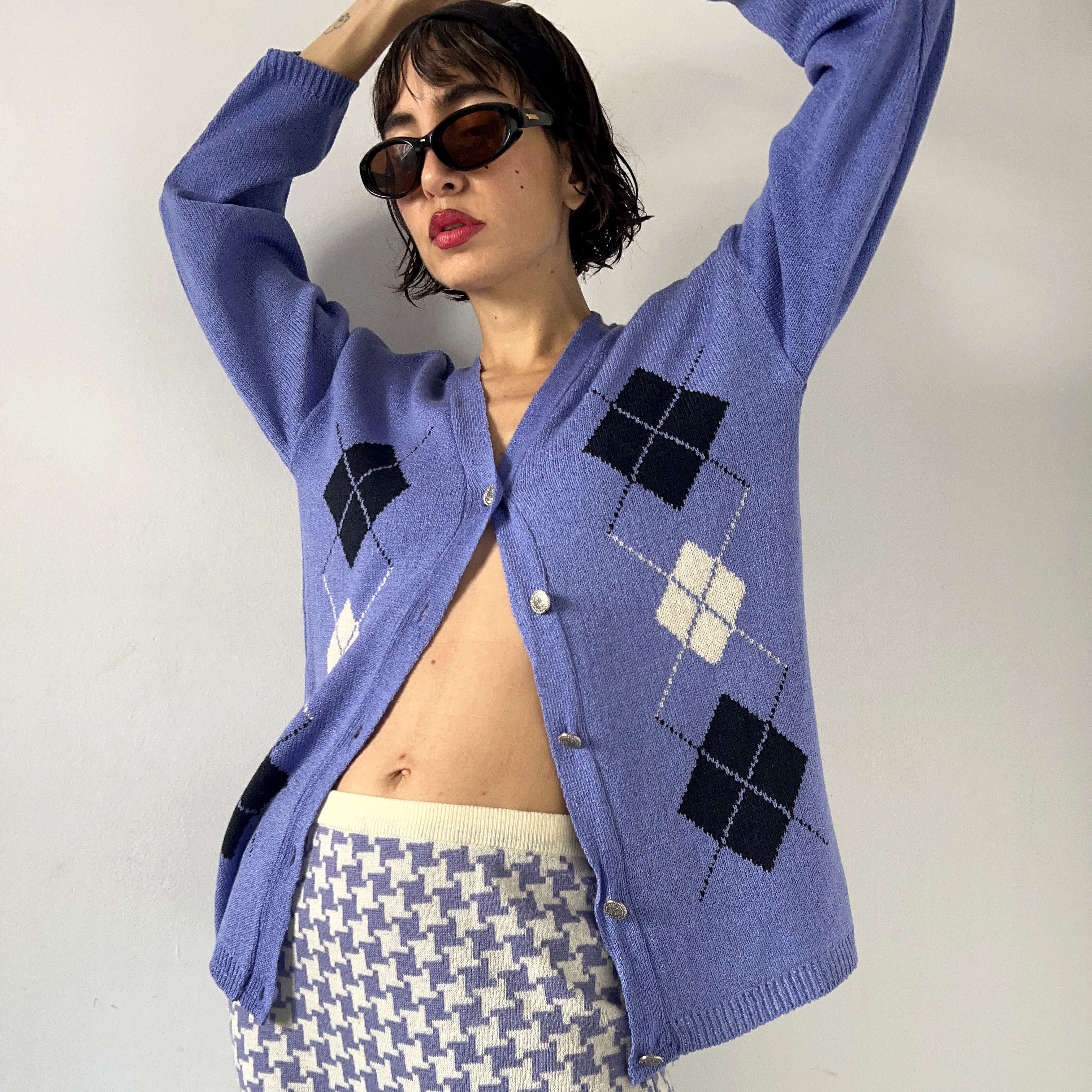 Vintage Vintage Argyle Purple Knit Sweater Cardigan Size L / US 10 / IT 46 - 6 Thumbnail