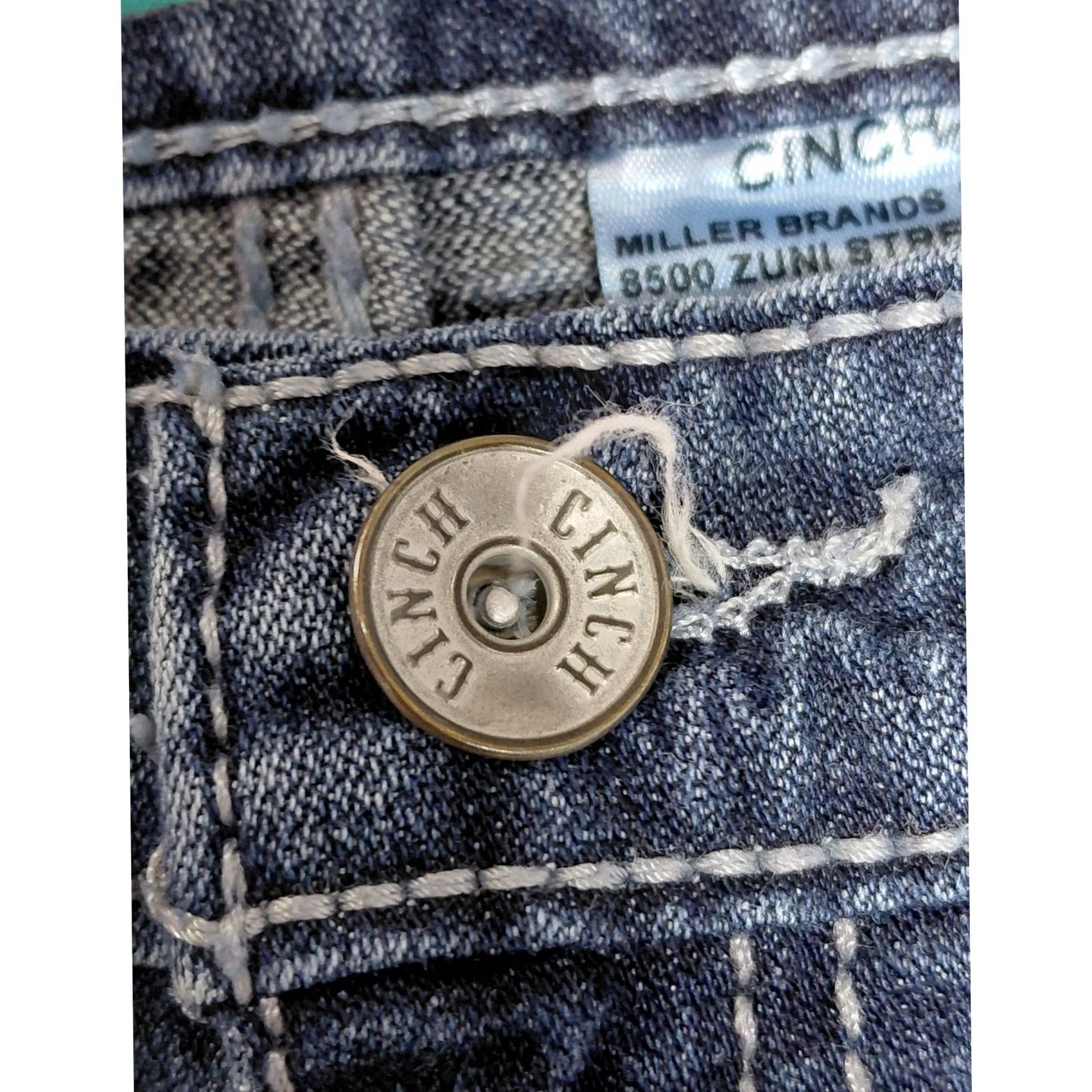 Denime Cinch Jeans Blue Solid Classic Men 31X32 Denim Stretch Regular Front Zip Zip Closure M/L Rise Mid 10-12 in Size US 31 - 3 Thumbnail