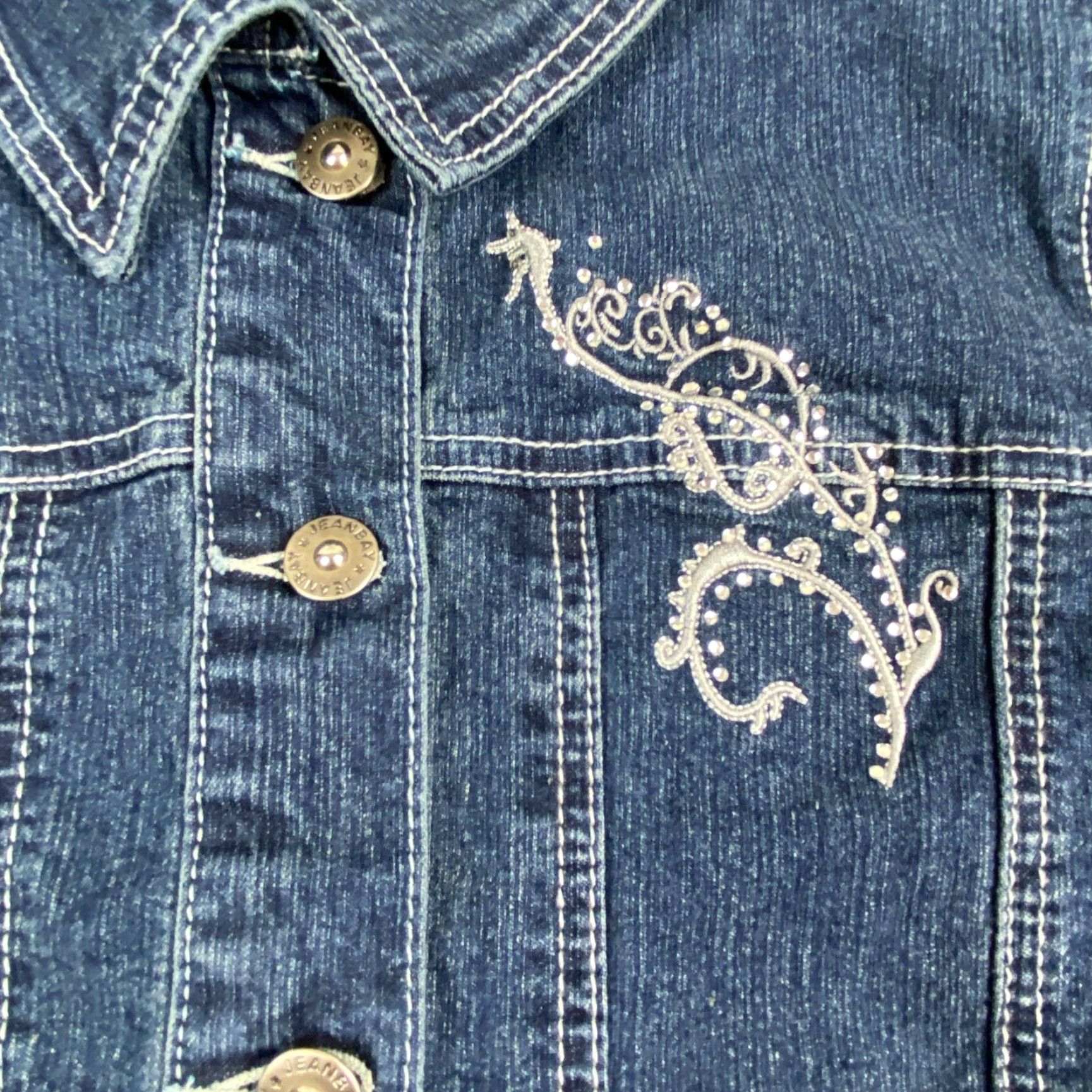 Vintage Jeanbay Womens Denim Jacket Medium Blue Petite Embellished Jean Medium Size M / US 6-8 / IT 42-44 - 4 Thumbnail