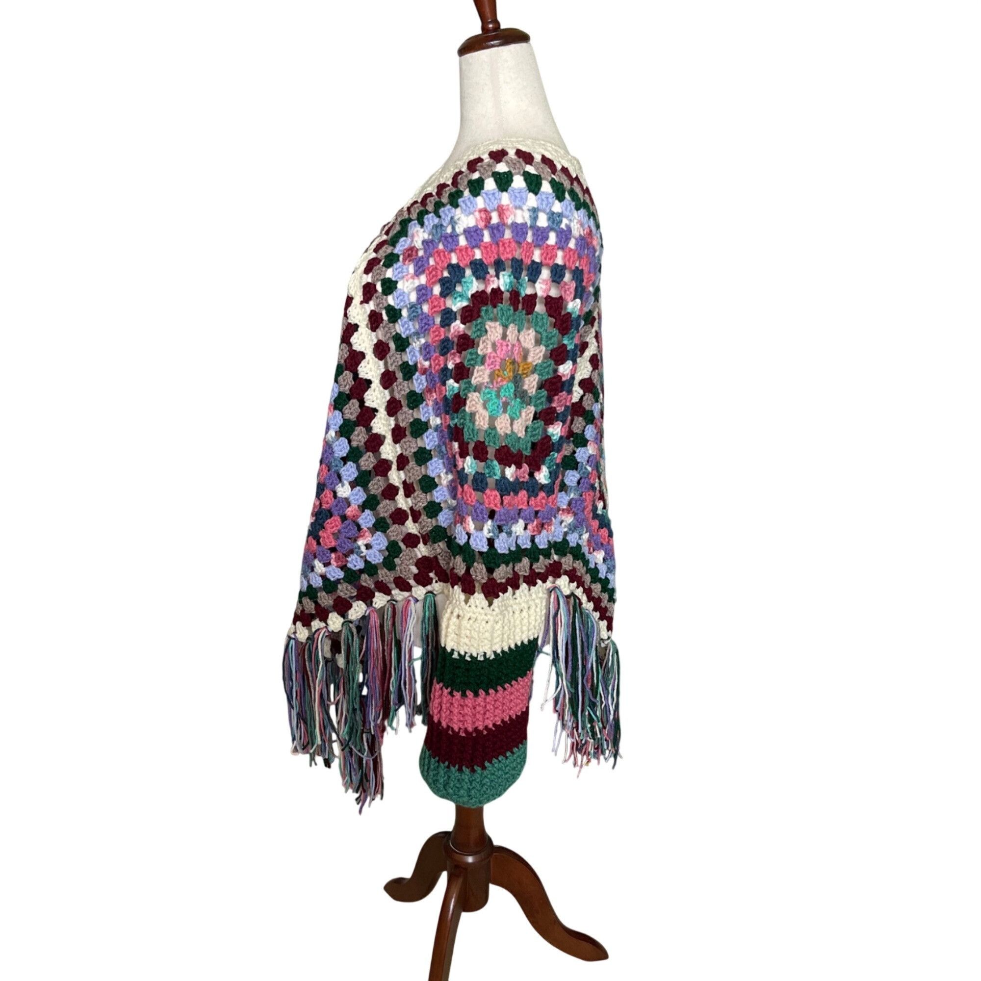 Handmade Crochet Poncho with Sleeves Granny Square Design Pattern Col Size ONE SIZE - 3 Thumbnail