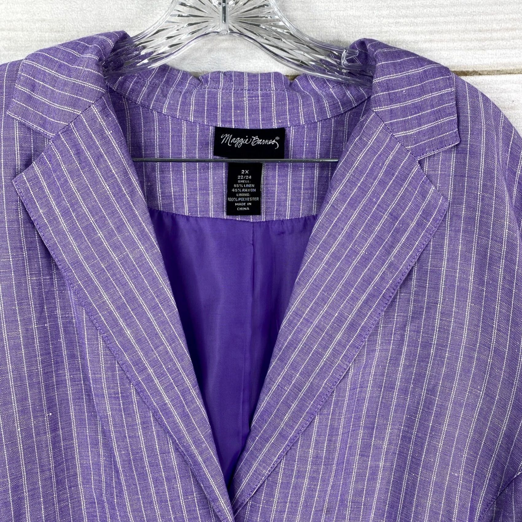Vintage Maggie Barnes Blazer Jacket 2X Purple Striped Embroidered Linen Blazer Women Size XXL / US 16-18 / IT 52-54 - 3 Thumbnail