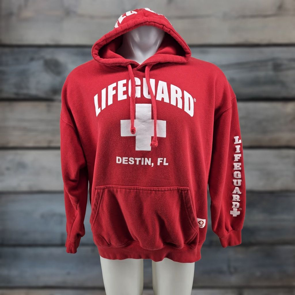 destin Lifeguard Hoodie Officially Licensed Mens XL Red Beach Lifeguard Pullover Hooded Pockets Graphic Print Size US XL / EU 56 / 4 - 1 Thumbnail