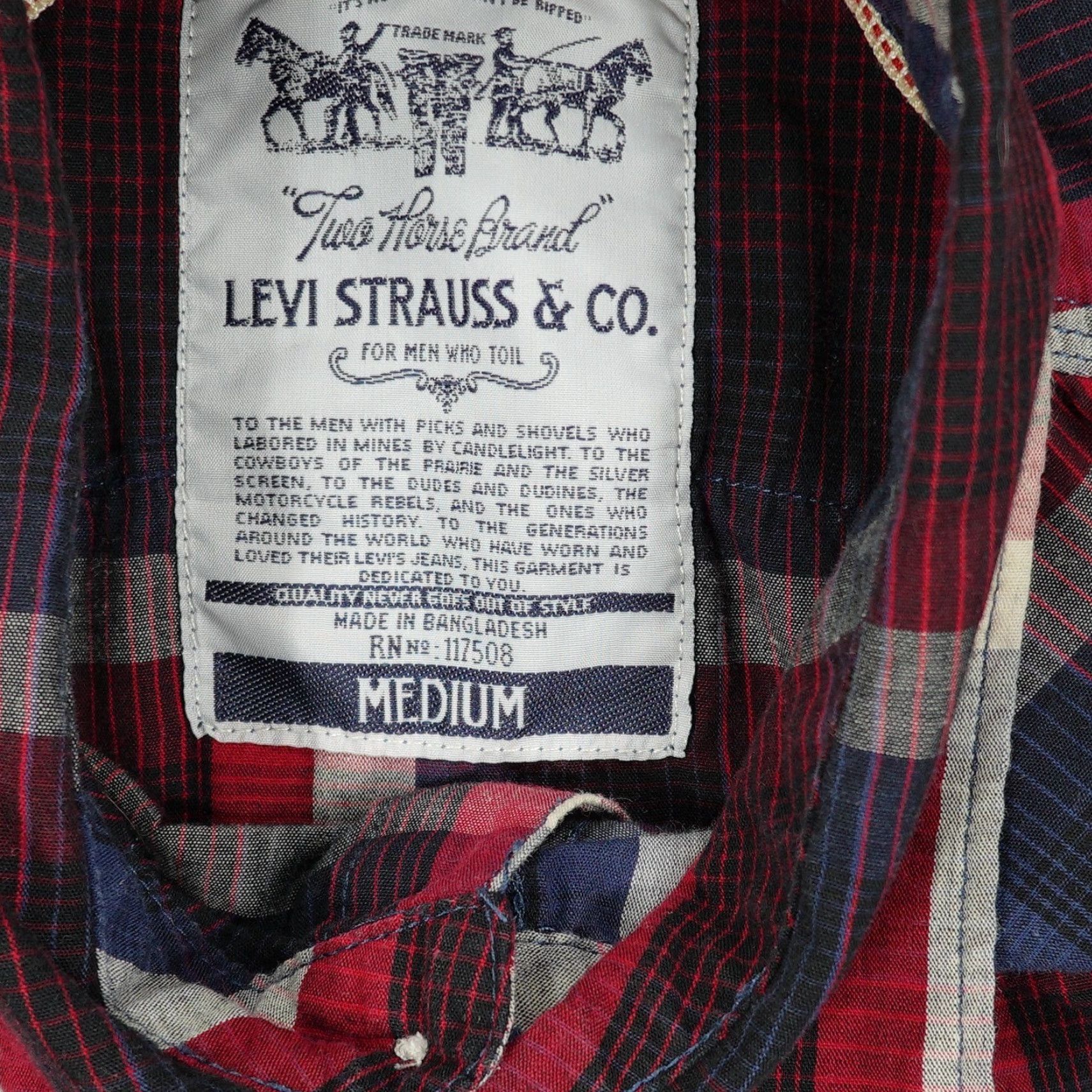 Levi's Levi Strauss Western Shirt Mens Medium Red Navy Blue Plaid Pearl Snap Long Sleeve Casua​l Workwear Ranchwear Buttons Pocket Yoke Collared Size US M / EU 48-50 / 2 - 3 Thumbnail