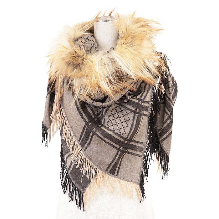 Gucci Gucci Gucci GG Supreme Wool Silk Fox Fur Scarf Natural