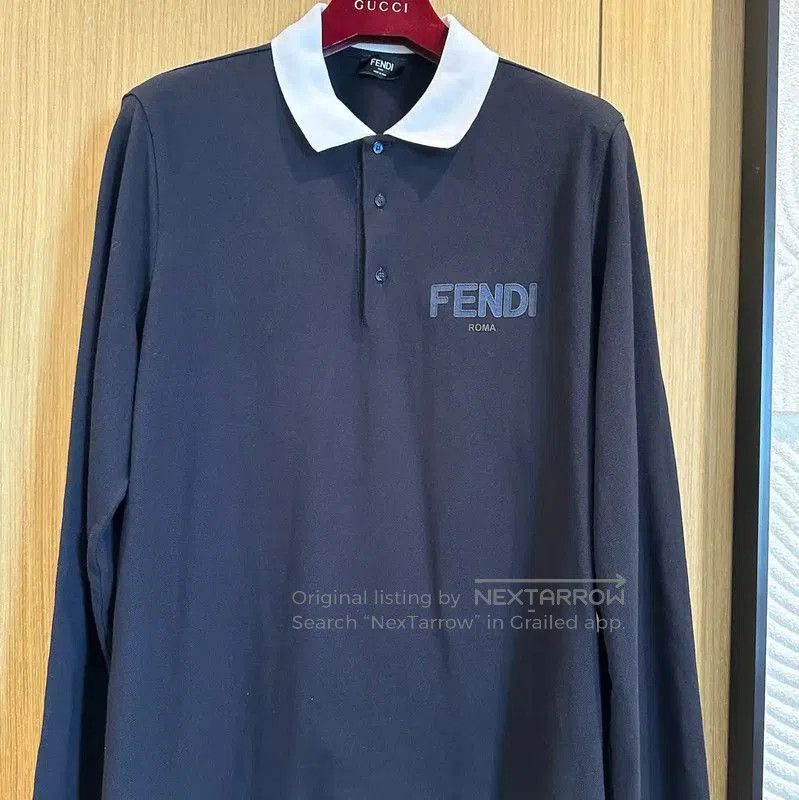 Fendi Black Cotton Long Sleeve Polo Shirt .