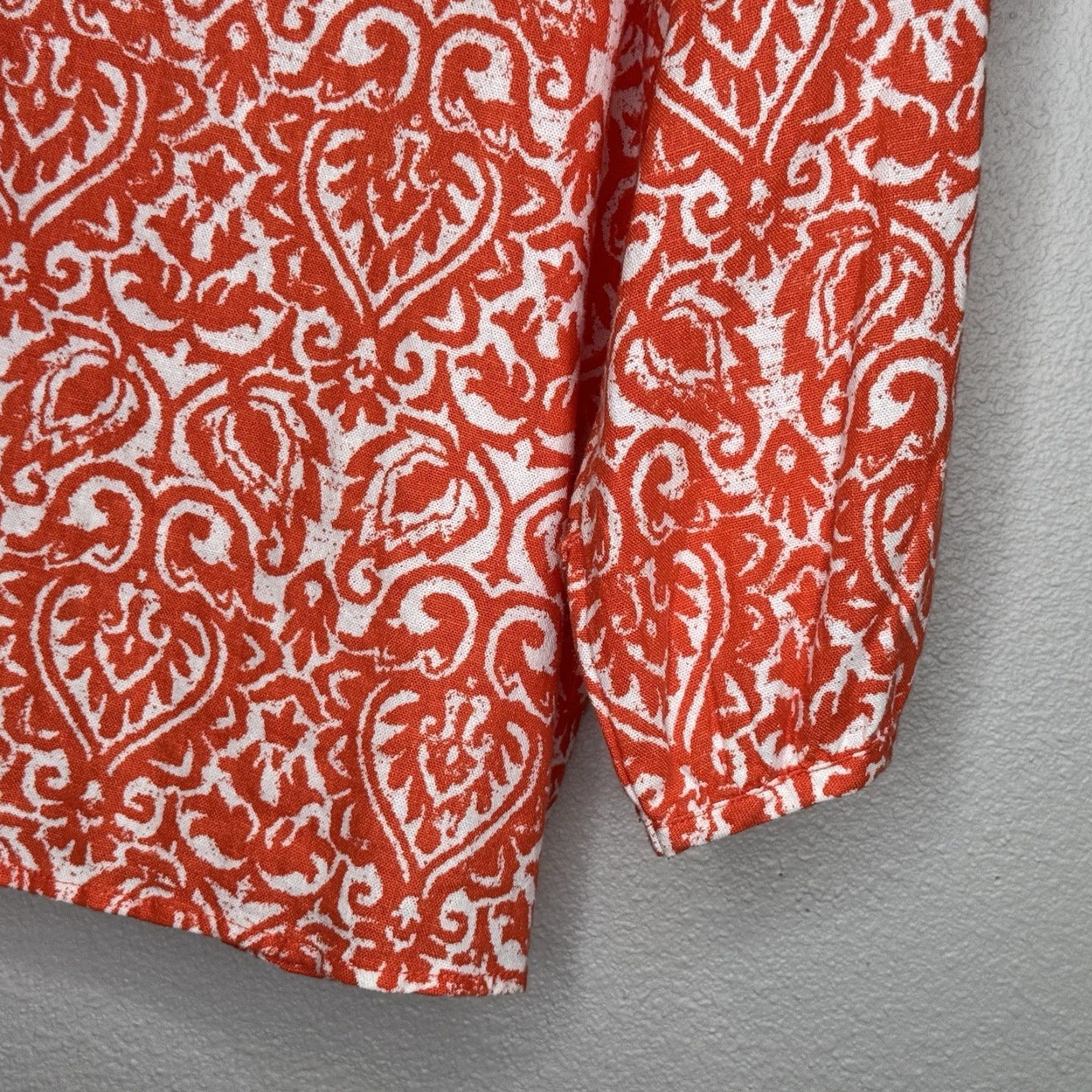Vintage Marc New York Boho Top Womens Size L Orange Damask 3/4 Sleeve V-Tie Neck Linen Blouse Size L / US 10 / IT 46 - 4 Thumbnail