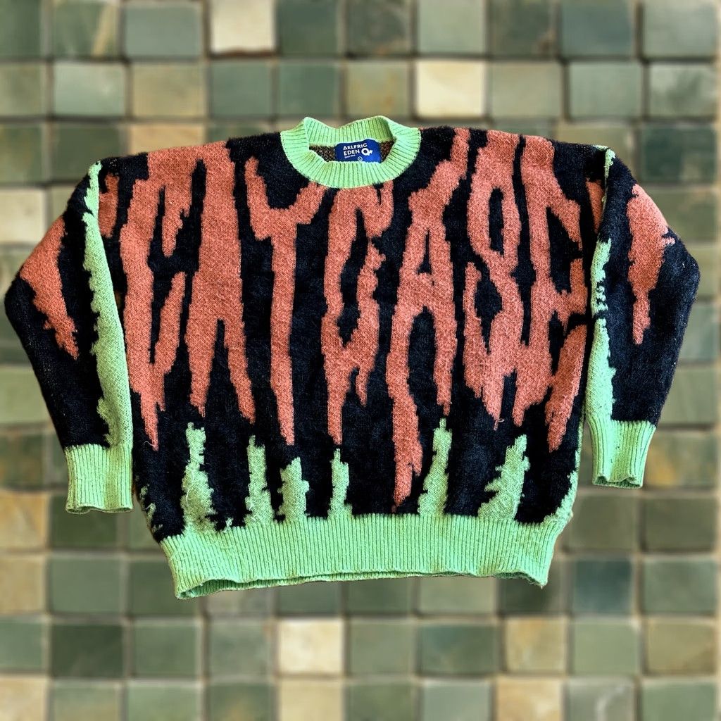 Vintage Aelfric Eden Knit Sweater Large Spooky Cat Case Zephyr Orange Green Unisex Adults Size L / US 10 / IT 46 - 1 Thumbnail