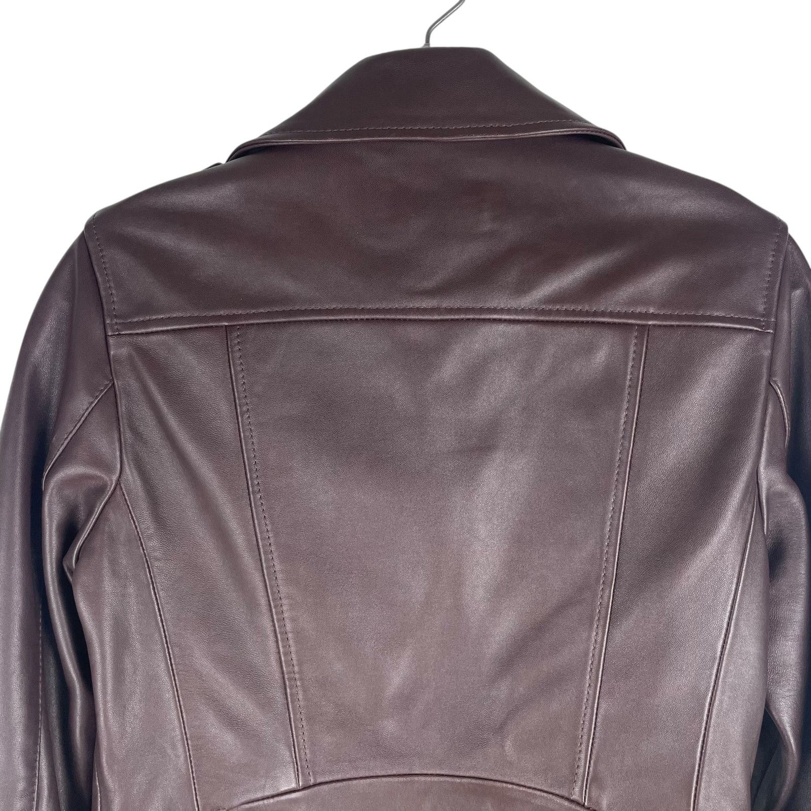 Reiss Leiya Lamb Leather Moto Jacket In Berry Red Size 4