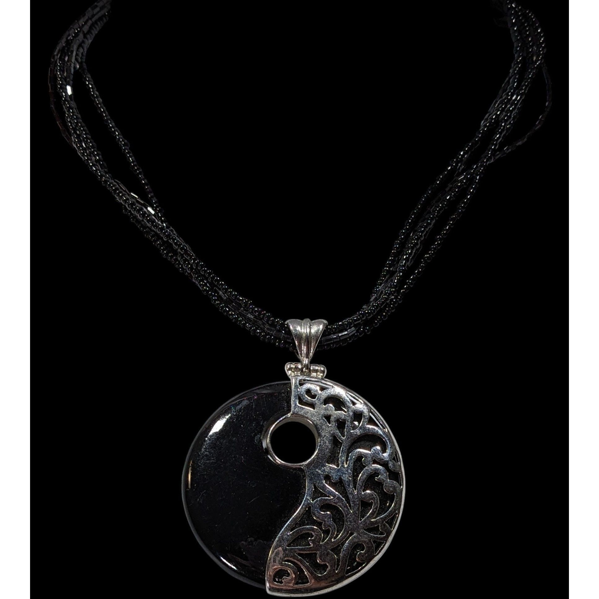Other Floral Overlay Black And Silver Tone Pendant Necklace With B Size ONE SIZE - 2 Thumbnail