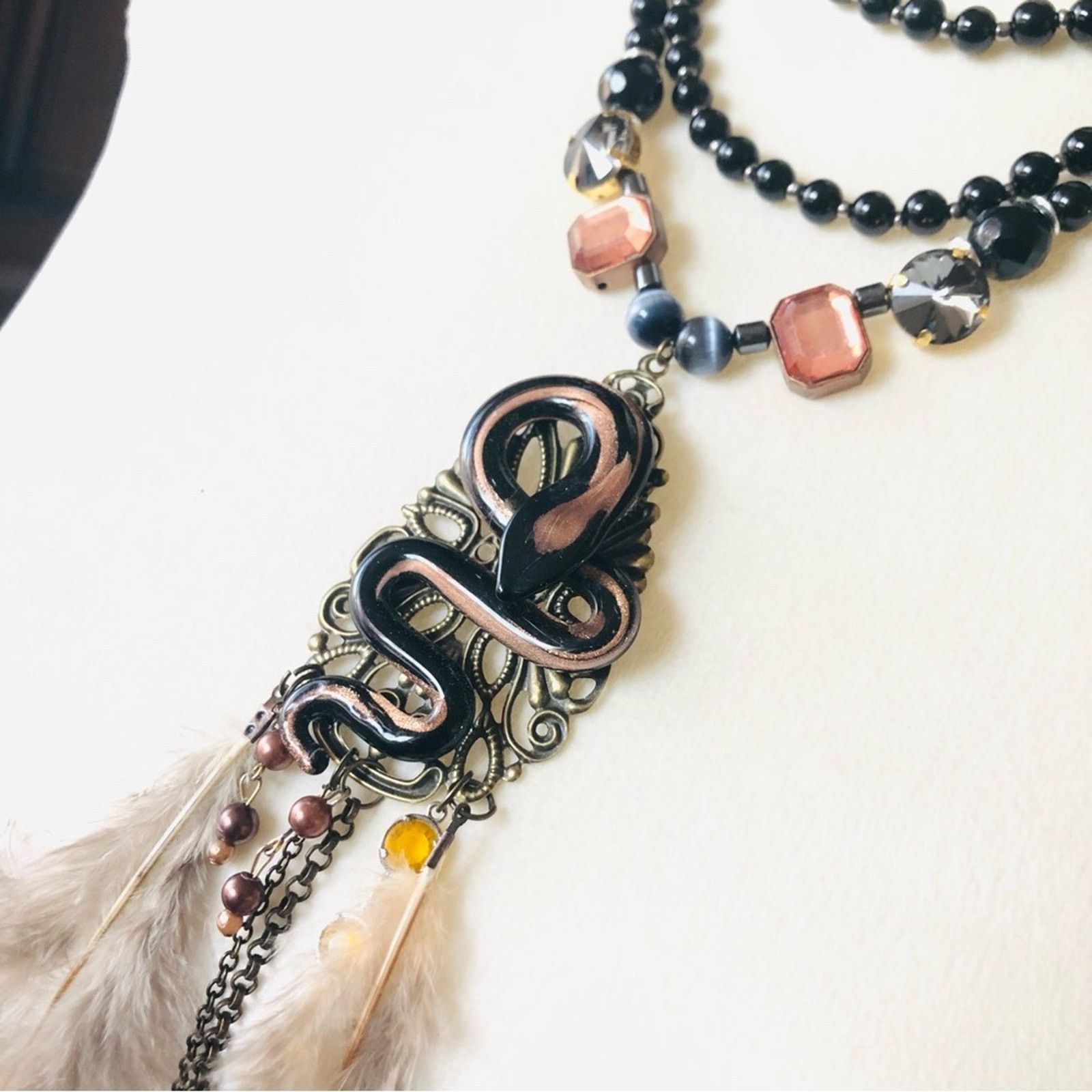 Handmade Handcrafted filigree snake Czech Pearl genuine onyx necklace Size ONE SIZE - 8 Thumbnail