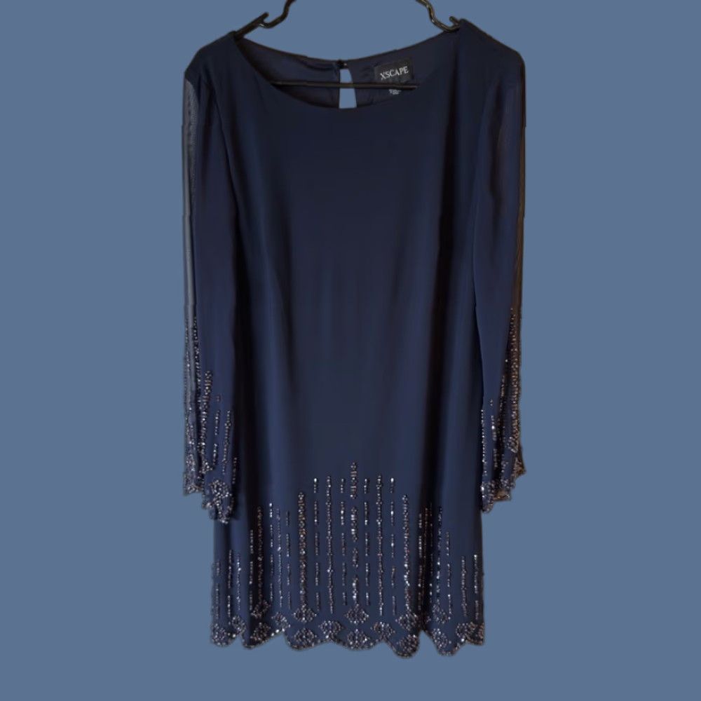 Vintage XSCAPE Long Sleeve Beaded Dress Navy Blue Size 12 Size XL / US 12-14 / IT 48-50 - 1 Thumbnail
