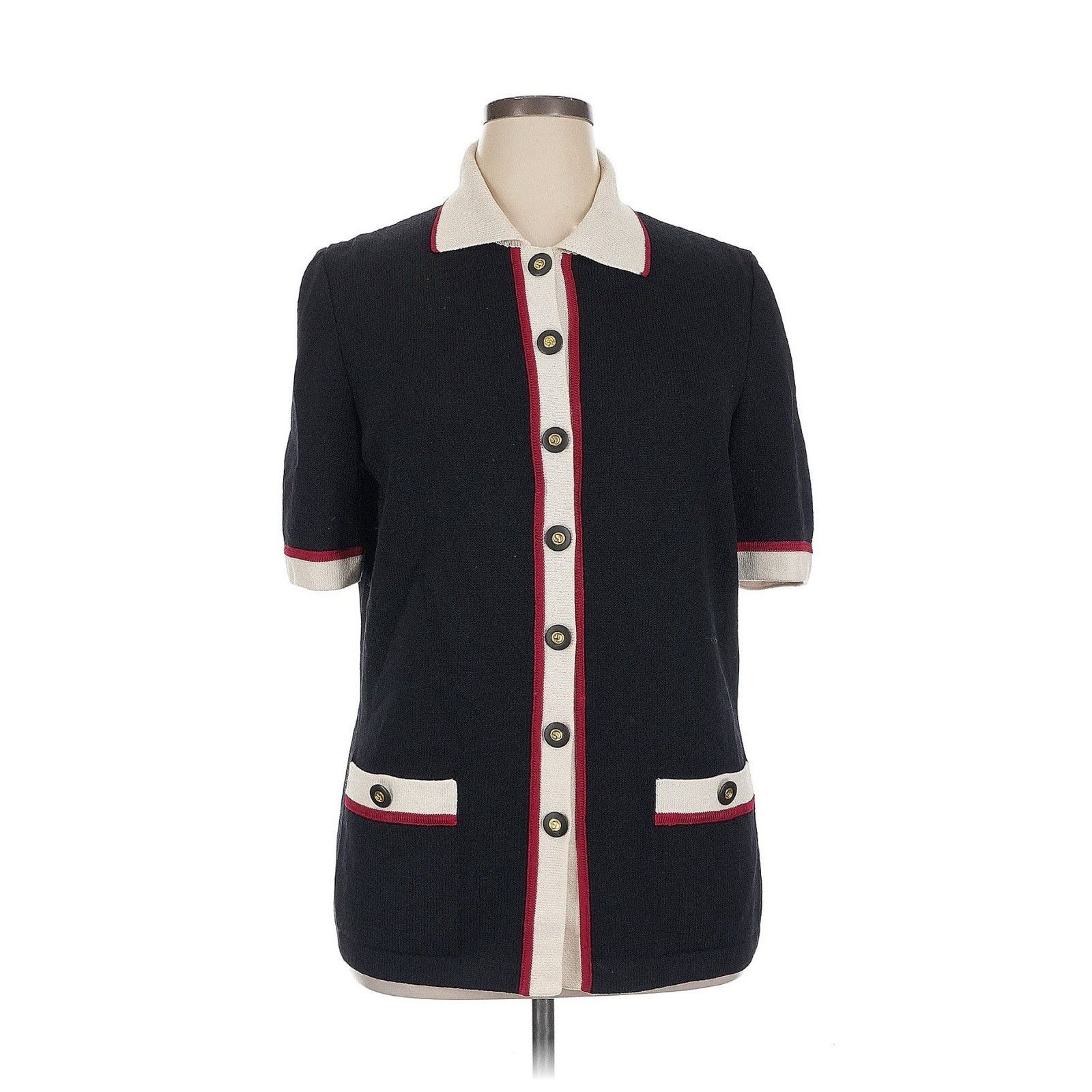 St. John VTG st John Collection Knit Short Sleeve Black Collared Top Size L / US 10 / IT 46 - 1 Thumbnail