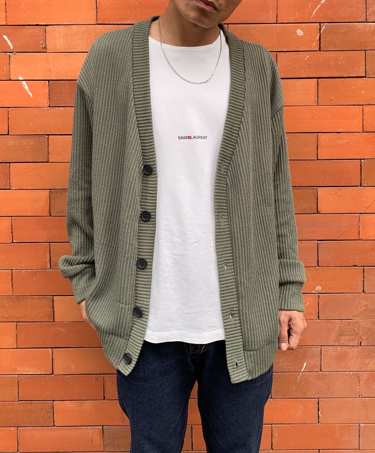 image of Yohji Yamamoto x YS For Men Military Cardigan in Green, Men's (Size Medium)