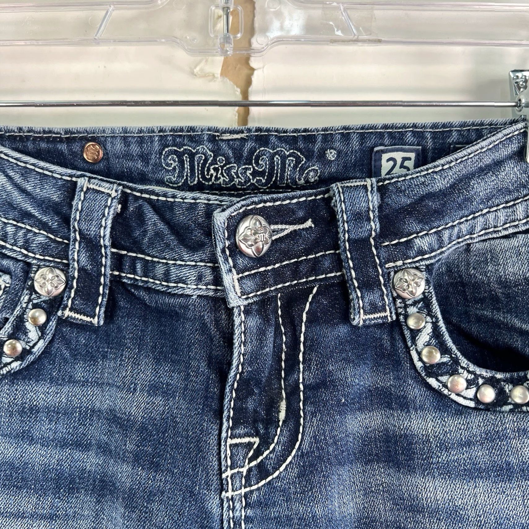 Miss Me Miss Me Midrise Skinny Jeans Women's Size 25 28x31 Blue Distressed Embellished Slim Fit Size 42" / US 20 - 6 Thumbnail