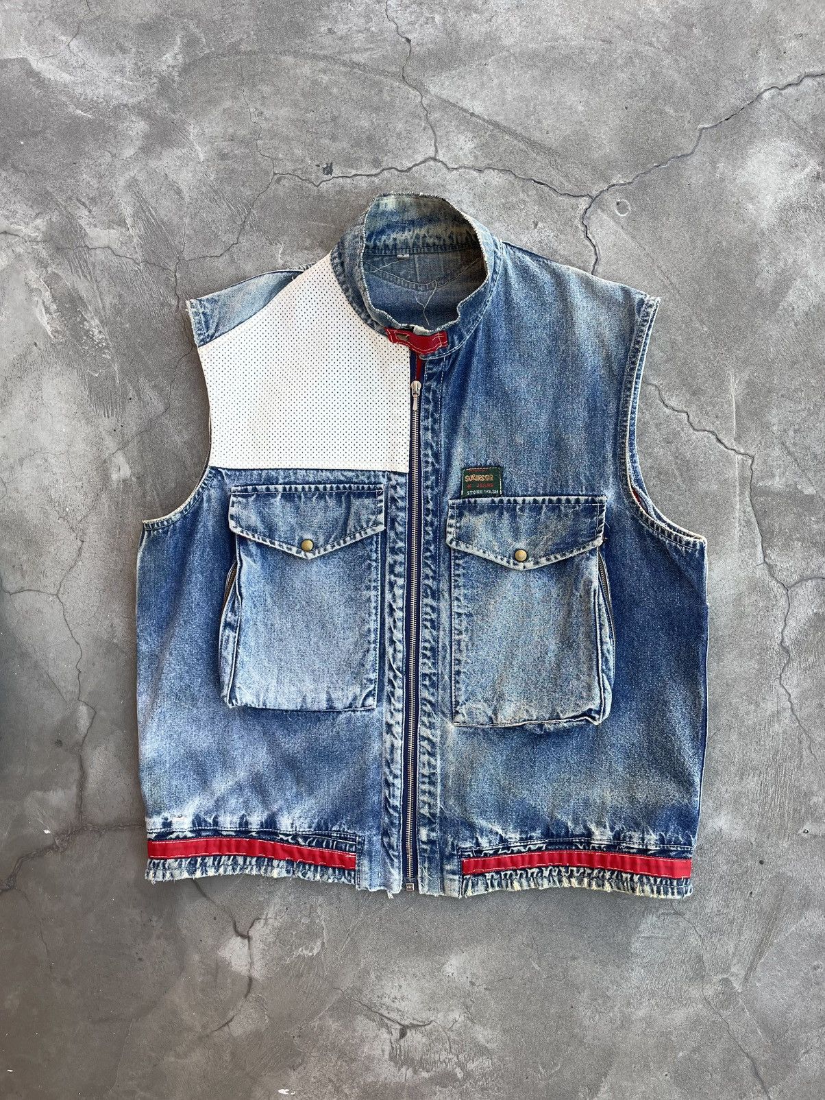Vintage 1970s Leather Vest On Riri Zipper, Stonewashed Denim- Wescot Size US L / EU 52-54 / 3 - 2 Thumbnail
