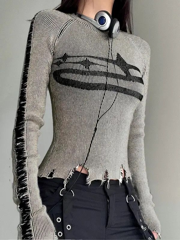 VIBE Ripped Distressed Women Long Sleeve Star Design Sweater Size L / US 10 / IT 46 - 3 Thumbnail