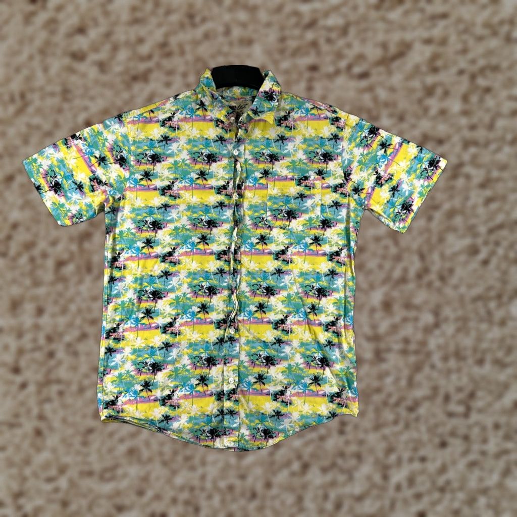 Vintage Coastal Button-Up Shirt Mens Large Yellow Floral Hawaiian Cotton Palm Tree Shirt Size US L / EU 52-54 / 3 - 1 Thumbnail