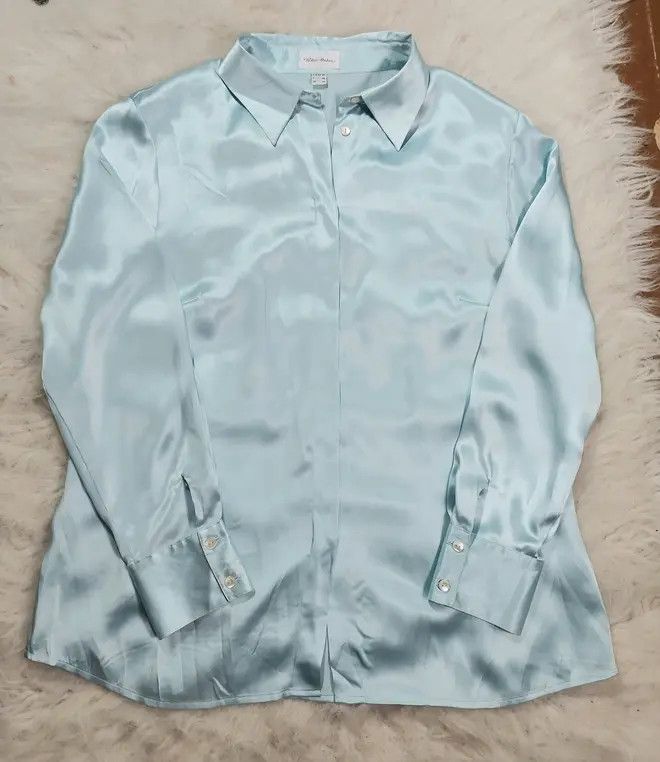 image of 100% Silk Shirt Light Blue Luxury Soft Vintage Classy, Women's (Size XL)