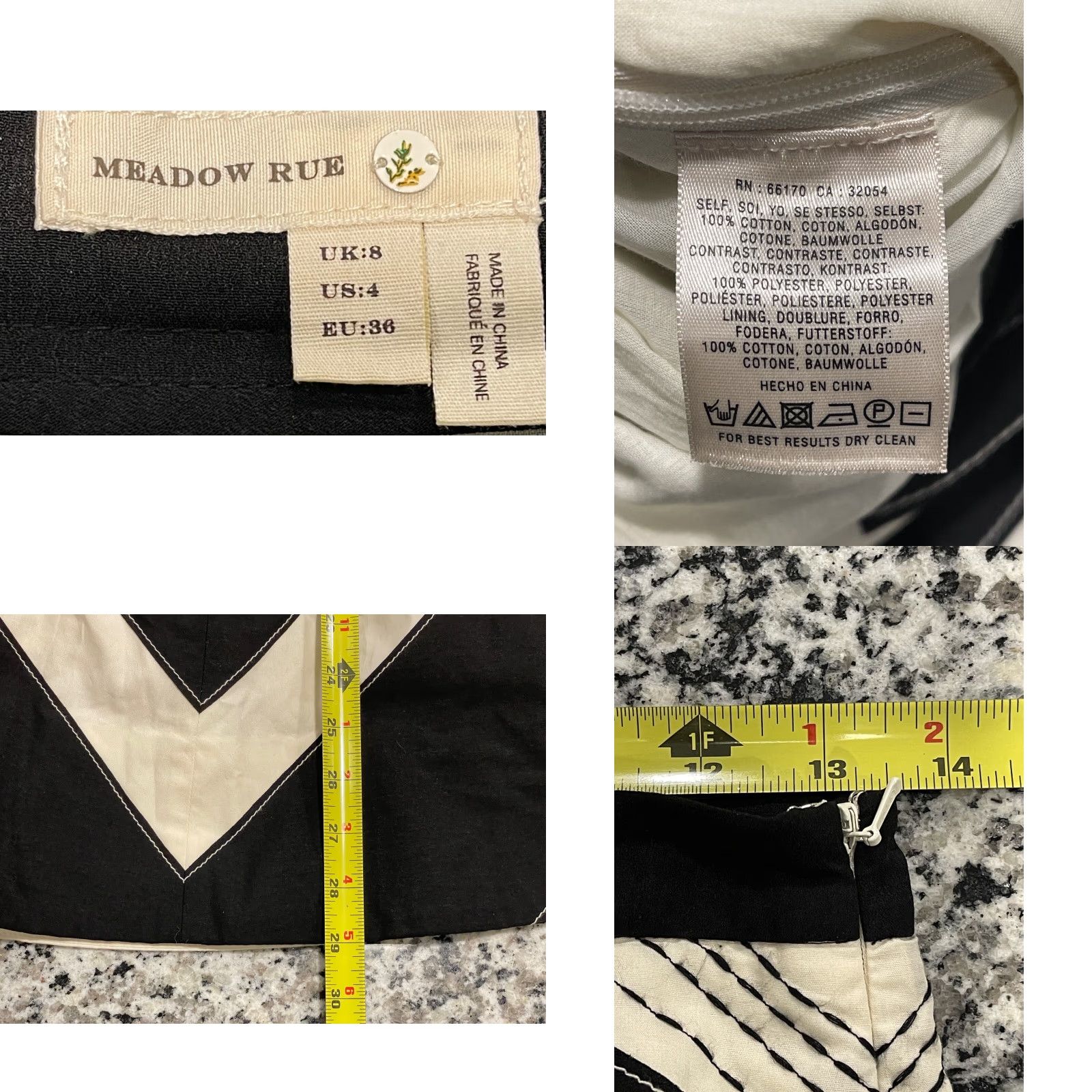 Vintage MEADOW RUE Waverly Chevron Midi Skirt Black Ivory POCKETS Sz 4 Woman Calf-Length A-Line Cotton Polyester Lined Embroidered Patchwork Zipper Size 27" / US 4 / IT 40 - 8 Thumbnail