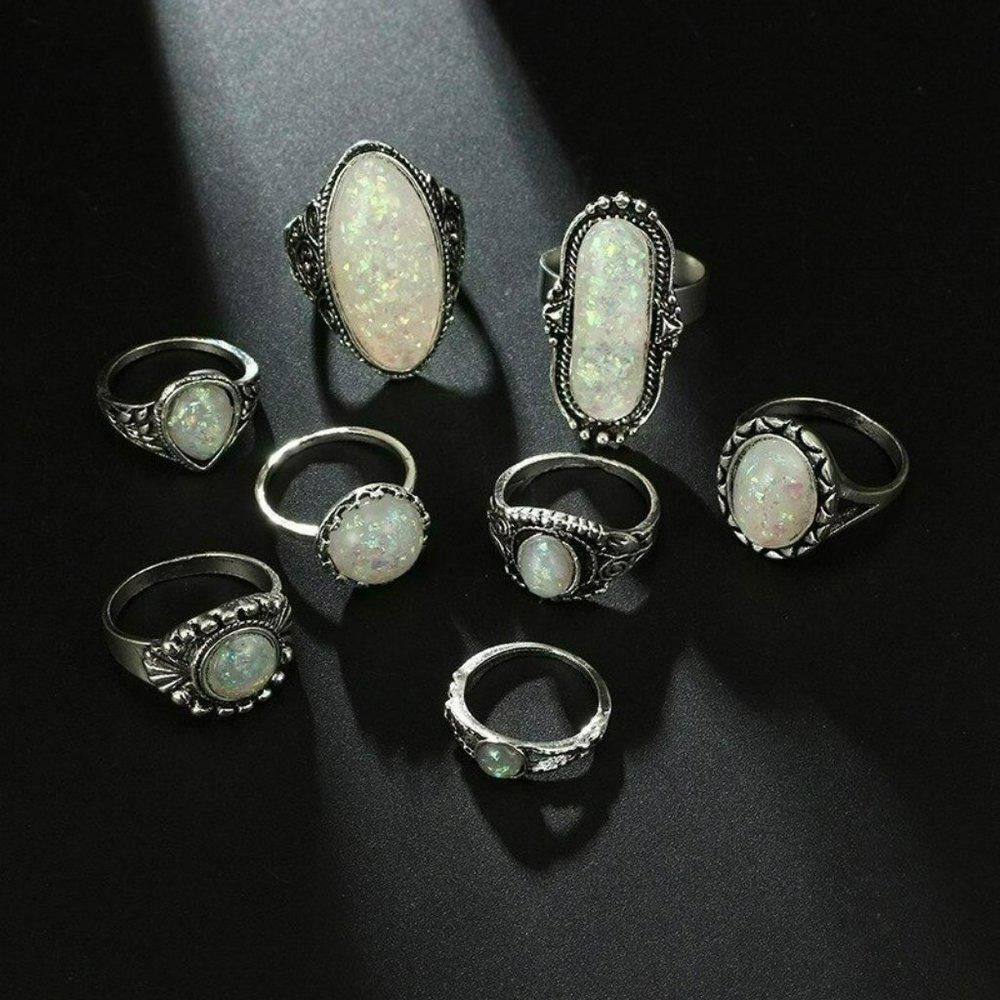 Designer 8pcs Vintage White Opal Antique Silver Ring Set Size ONE SIZE - 5 Thumbnail