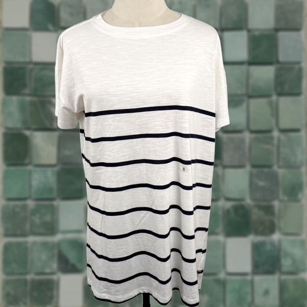 Vintage NWT Maurices 24/7 Striped Drop Shoulder Tee Shirt Cotton Modal Nautical Crew Neck Short Sleeve White Navy Womens Small Size S / US 4 / IT 40 - 1 Thumbnail