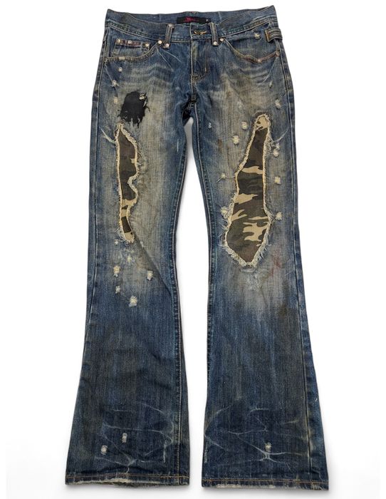 If Six Was Nine Midas Reconstructed Camo Fabric Flared Denim Pants