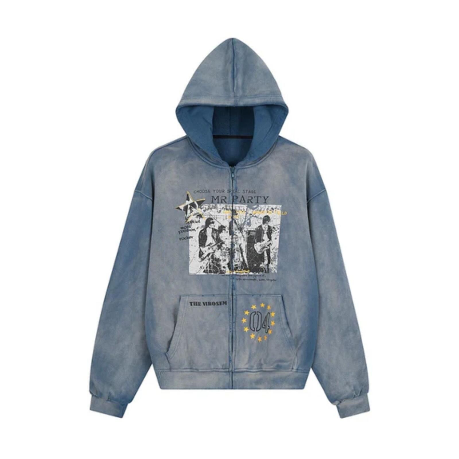 Other Washed Collage Graphic Zip Distressed Hoodie | Acid Blue Size US XL / EU 56 / 4 - 1 Thumbnail