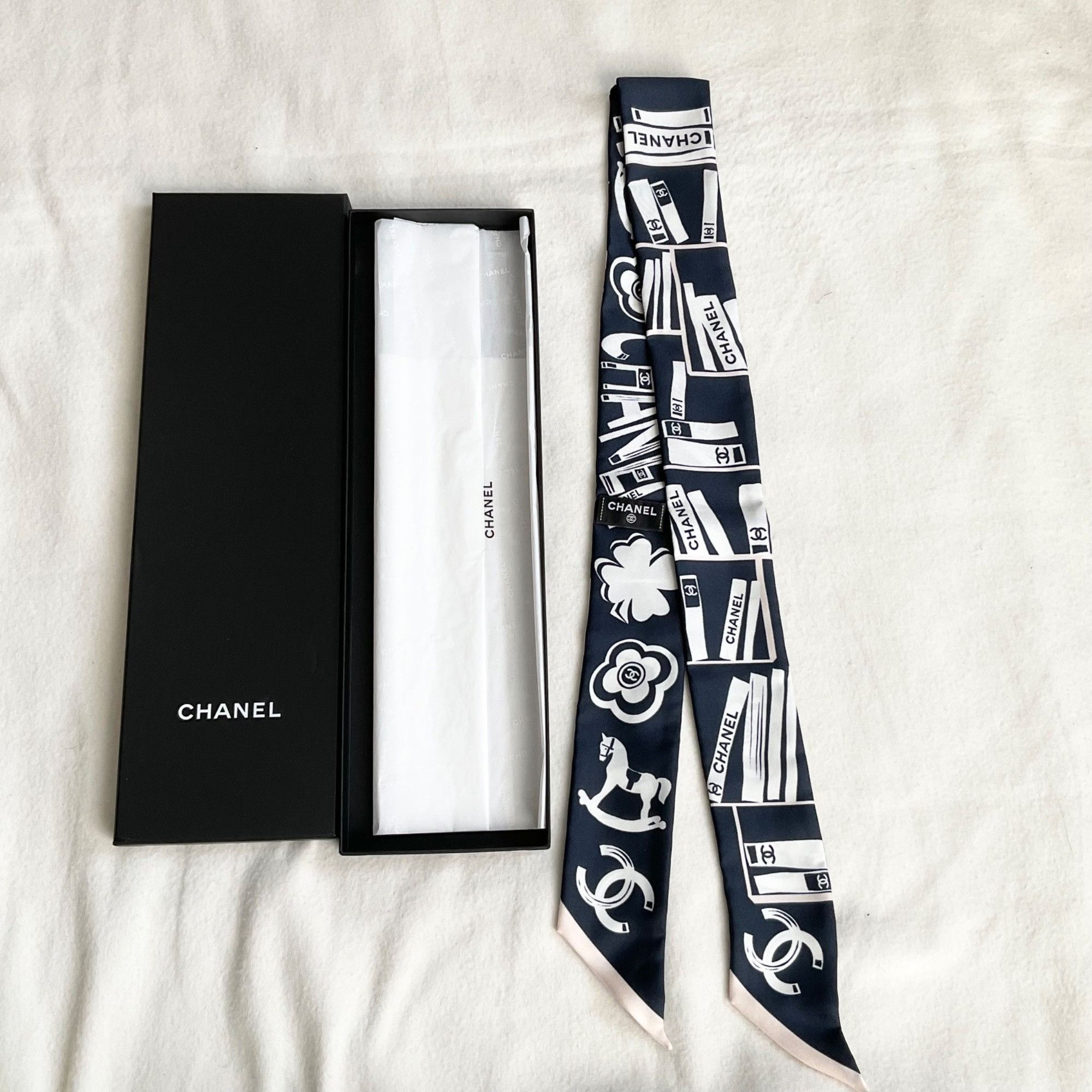 image of NWOT W/box Chanel Blue White Silk Twilly Scarf Headband Book, Women's